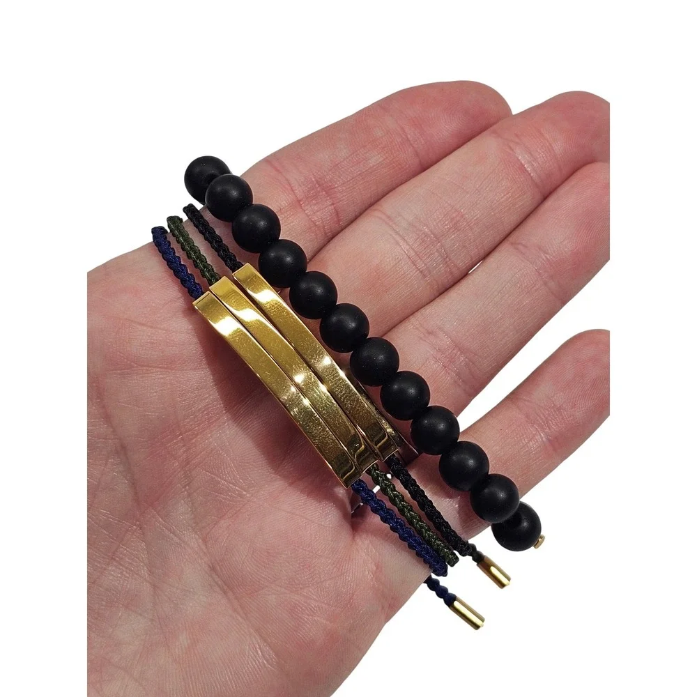 Clifton Wilson Mens Bracelet Set 4pc Black Gold Onyx Bead Cord Adjustable Bar OS